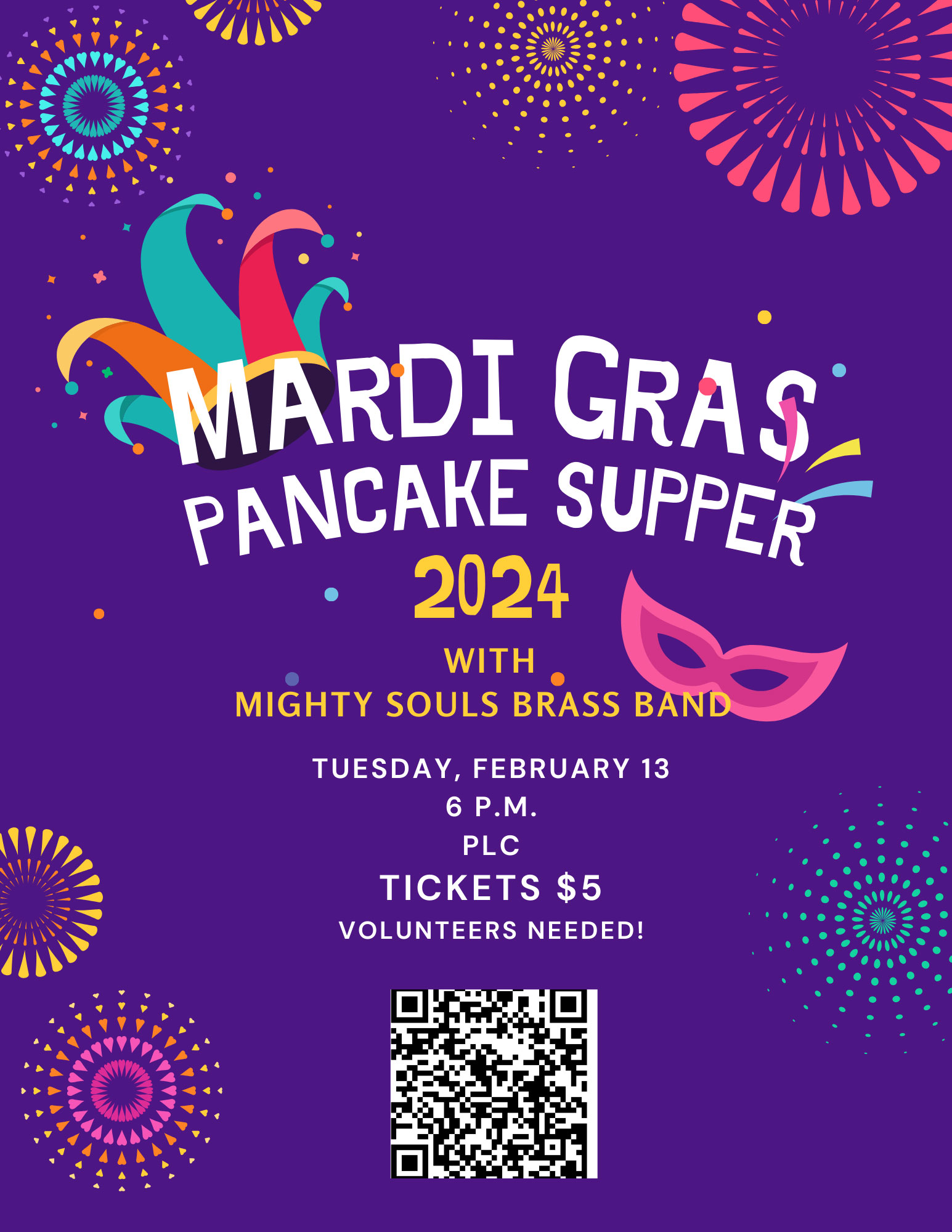 Poster for 2024 Mardi Gras Pancake Supper